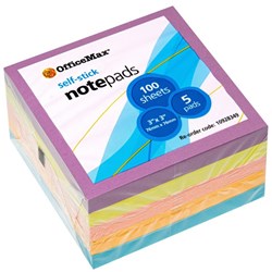 OfficeMax Self-Stick Notes 76x76mm Assorted Bright Colours 100 Sheets, Pack of 5