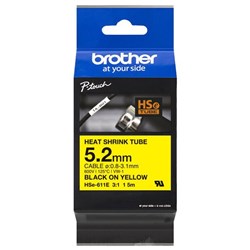Brother Labelling Tape Cassette Heat Shrink HSe-611E 5.2mm x 1.5m Black on Yellow
