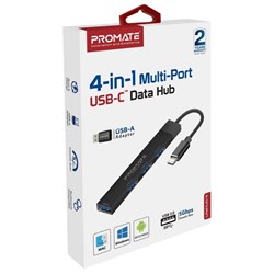 Promate 4-in-1 Ultra-Slim Multi-Port USB Hub with USB-C Connector Black