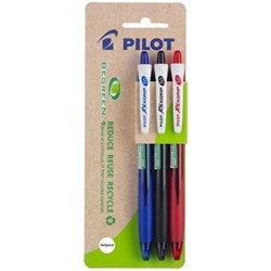 Pilot BeGreen Rexgrip Assorted Colours Retractable Ballpoint 1.0mm Medium Tip, Pack of 3