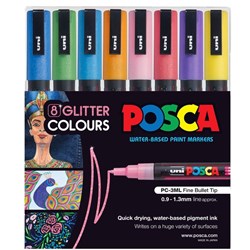 Uni Posca 0.9-1.3mm Fine Bullet Tip Markers Glitter, Pack of 8