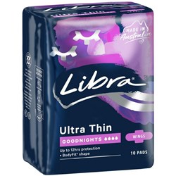 Libra Ultra Thin Goodnights with Wings Sanitary Pads, Carton of 6 Packs of 10