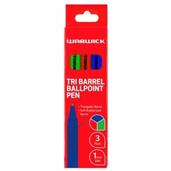 Warwick Tri Barrel Ballpoint Pens 1.0mm Medium Tip Assorted Colours, Pack of 3