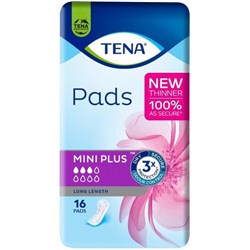 TENA Continence Pads Mini Plus Long Length, Carton of 6 Packs of 16