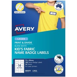 Avery Kids Name Badge Laser Labels L7432 White Fabric 14 Per Sheet