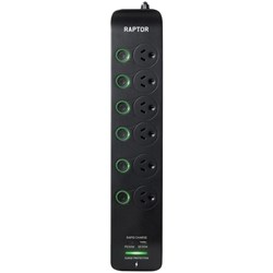 Jackson RAP6S 6-Way Switch Raptor Powerboard with Surge & Overload Protection 1.5m Black