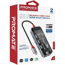 Promate 9-in-1 USB Multi-Port Hub With USB-C Connector Grey/Clear