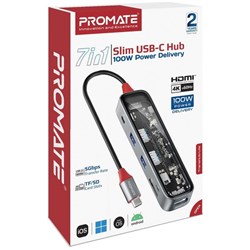 Promate 7-in-1 USB Multi-Port Hub With USB-C Connector Grey/Clear