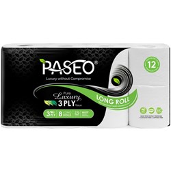 Paseo Pure Luxury Toilet Tissue Paper Long Rolls 3 Ply 270 Sheets White, Pack of 8