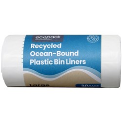 Ecopack Recycled Ocean-Bound Plastic Bin Liners Large 36L White, Roll of 30