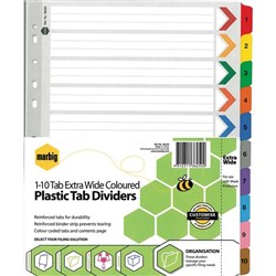 Marbig Index Dividers 10 Tab 1-10 Extra Wide A4 Cardboard/Plastic Coloured