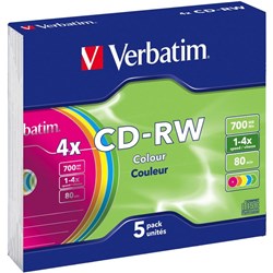 Verbatim CD-RW Rewritable Media 4X 80Min Slim Case, Pack of 5