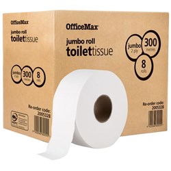 OfficeMax Toilet Tissue 2 Ply Jumbo 300m, Carton of 8 Rolls
