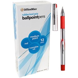 OfficeMax Red Capped Ballpoint Pens 1.0mm Medium Tip With Grip, Pack of 12