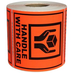 Shipping Paper Label Handle With Care 99x99mm Black on Red, Roll of 500