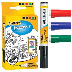 BIC Stephens Assorted Colours Whiteboard Markers Fine Tip, Pack of 4