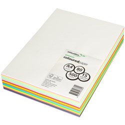 OfficeMax A4 80gsm 15 Assorted Colours Premium Coloured Copy Paper, Pack of 500