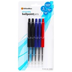 OfficeMax Blue/Black/Red Retractable Ballpoint Pens 1.0mm Medium Tip, Pack of 5