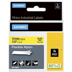 Dymo Labelling Tape Rhino Industrial Flexible Nylon 12mm x 3.5m Black on Yellow