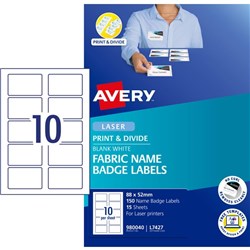 Avery Fabric Name Badge Labels L7427 White 10 Per Sheet
