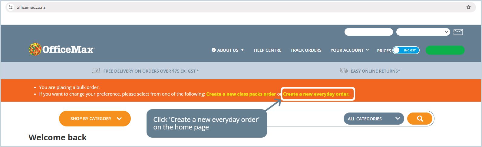 Select 'Create a new everyday order' on the home page