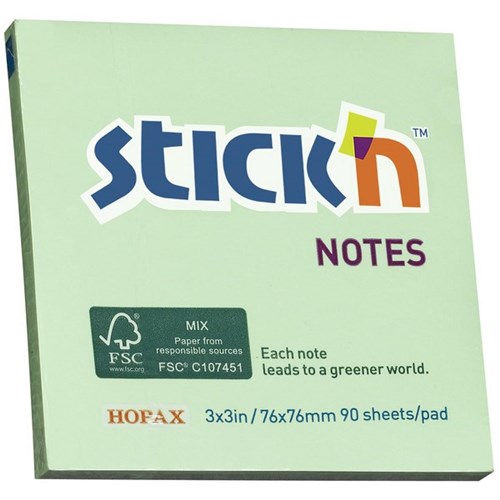 Stick'n Notes 76 x 76mm Green, 90 Sheets