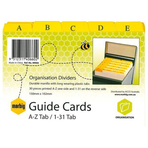 Marbig Guide Cards A-Z & 1-31 Tab 6x4 Inch 150x100mm, Set of 30