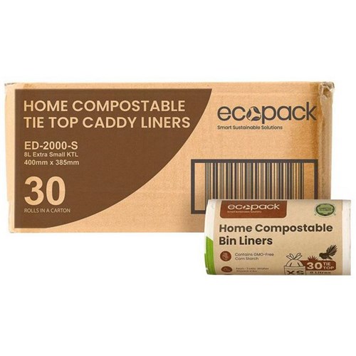 Ecopack Home Compostable Bin Liners XS 8L, Carton of 3 Rolls of 30