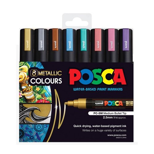 Uni Posca 1.8-2.5mm Medium Bullet Tip Markers Metallic, Pack of 8