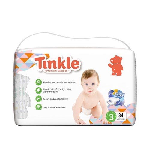 Tinkle Premium Nappies Disposable Size 3, Carton of 6 Packs of 34