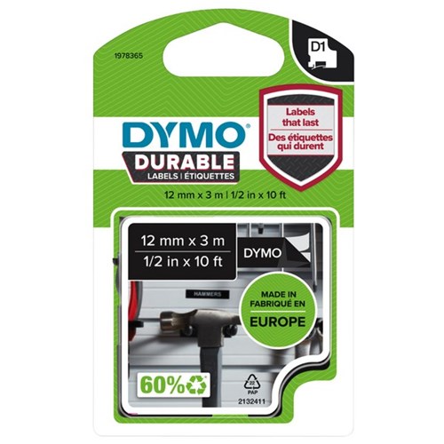 Dymo D1 Durable Labelling Tape 1978365 12mm White on Black