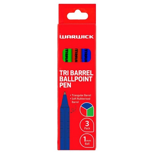 Warwick Tri Barrel Ballpoint Pens 1.0mm Medium Tip Assorted Colours, Pack of 3