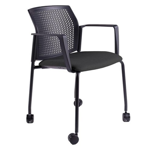 Zest Visitors Chair 4 Leg Shell Castors Fabric Seat Pad with Square Arms Black