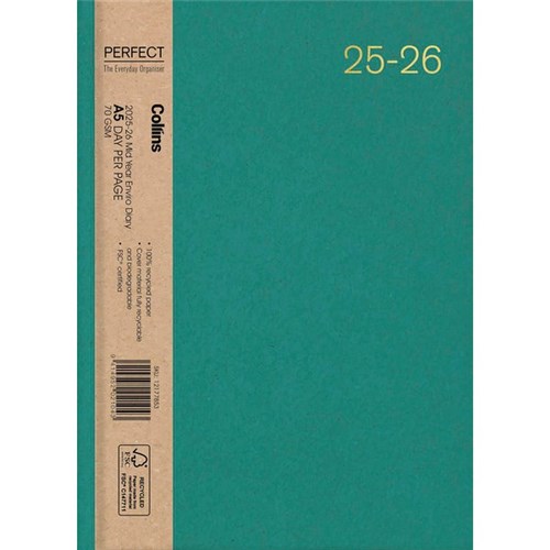 Collins Enviro A51 Mid Year Diary A5 1 Day Per Page 1 July 2025 to 30 June 2026 Green