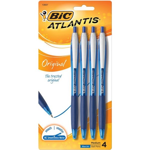BIC Atlantis Retractable Pen Medium Blue, Pack of 4