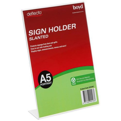 Deflecto L Shaped Slanted Sign Holder A5 Portrait Clear 80% Recycled
