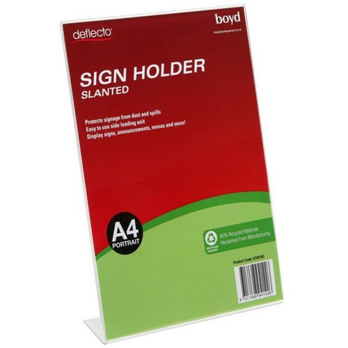 Deflecto L Shaped Slanted Sign Holder A4 Portrait Clear 80% Recycled