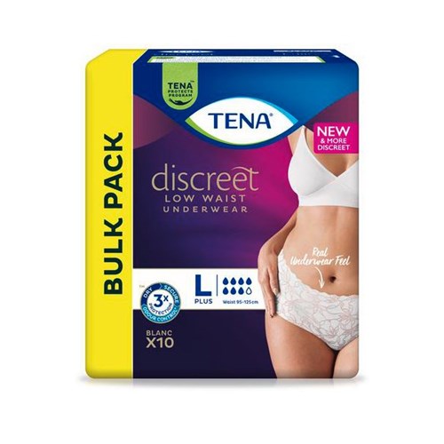 TENA Discreet Plus Blanc Continence Pants Low Waist Women's Large, Carton of 2 packs of 10