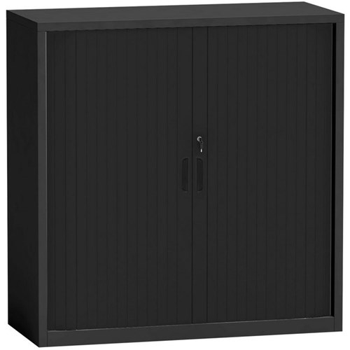 Sylex Metal Lockable Tambour Cupboard 900x1020mm Matte Black