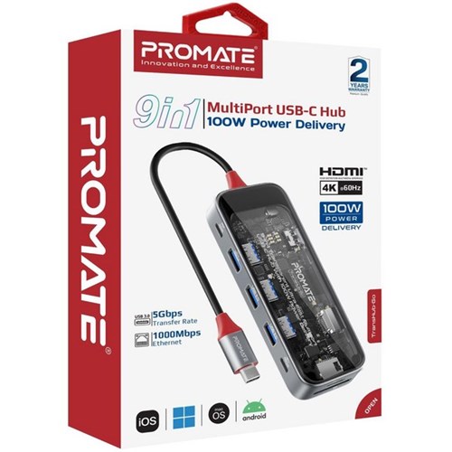 Promate 9-in-1 USB Multi-Port Hub With USB-C Connector Grey/Clear