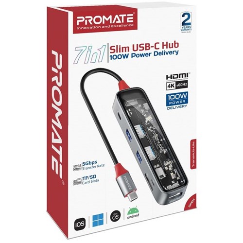 Promate 7-in-1 USB Multi-Port Hub With USB-C Connector Grey/Clear