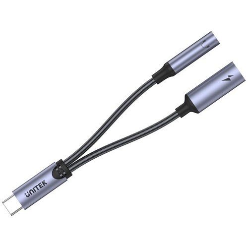 Unitek 2-in-1 USB-C to 3.5mm Audio Jack & USB-C Charging Connector Grey/Black