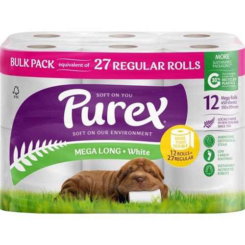Purex Toilet Tissue Mega Long White 2 Ply Rolls, Pack of 12