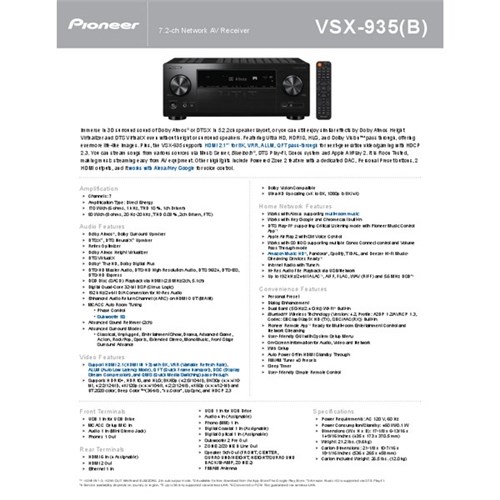 Pioneer VSX-935(B) 7.2 Channel Network AV Receiver Amplifier