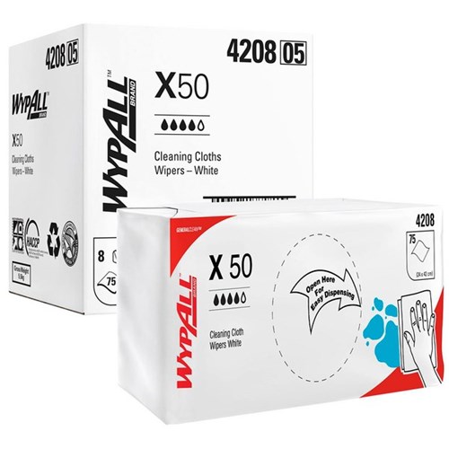 WypAll X50 Reinforced Single Sheet Wipers (4208) White, Carton of 8