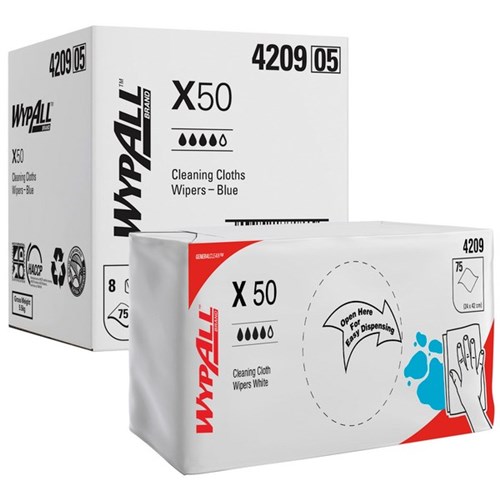 WypAll X50 Reinforced Single Sheet Wipers (4209) Blue, Carton of 8