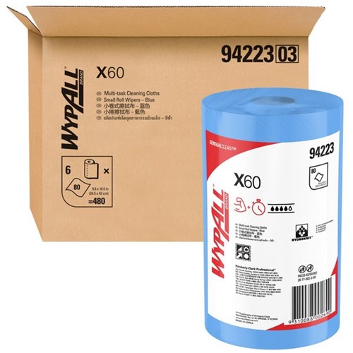 WypAll X60 Roll Wipers Small (94223) Blue, Carton of 6