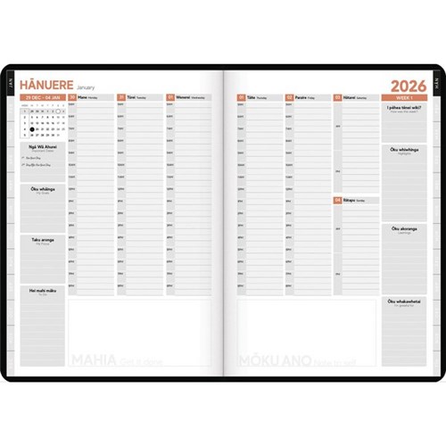 Tuhi B53 Premium Bilingual Diary Week To View Mahere a Wiki 2026 Black/Gold