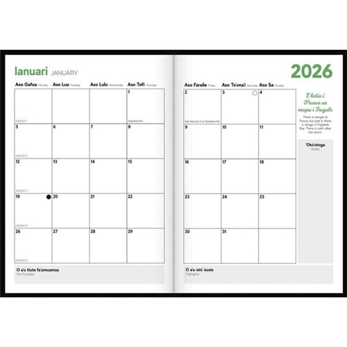 Tuhi B51 Bilingual Diary Day Per Page O Aso Ma Ona Fuafuaga 2026 Green