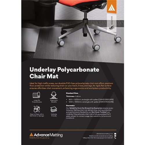 Advance Matting Underlay Polycarbonate Chair Mat Rectangle With Spikes 1200x1300mm Clear